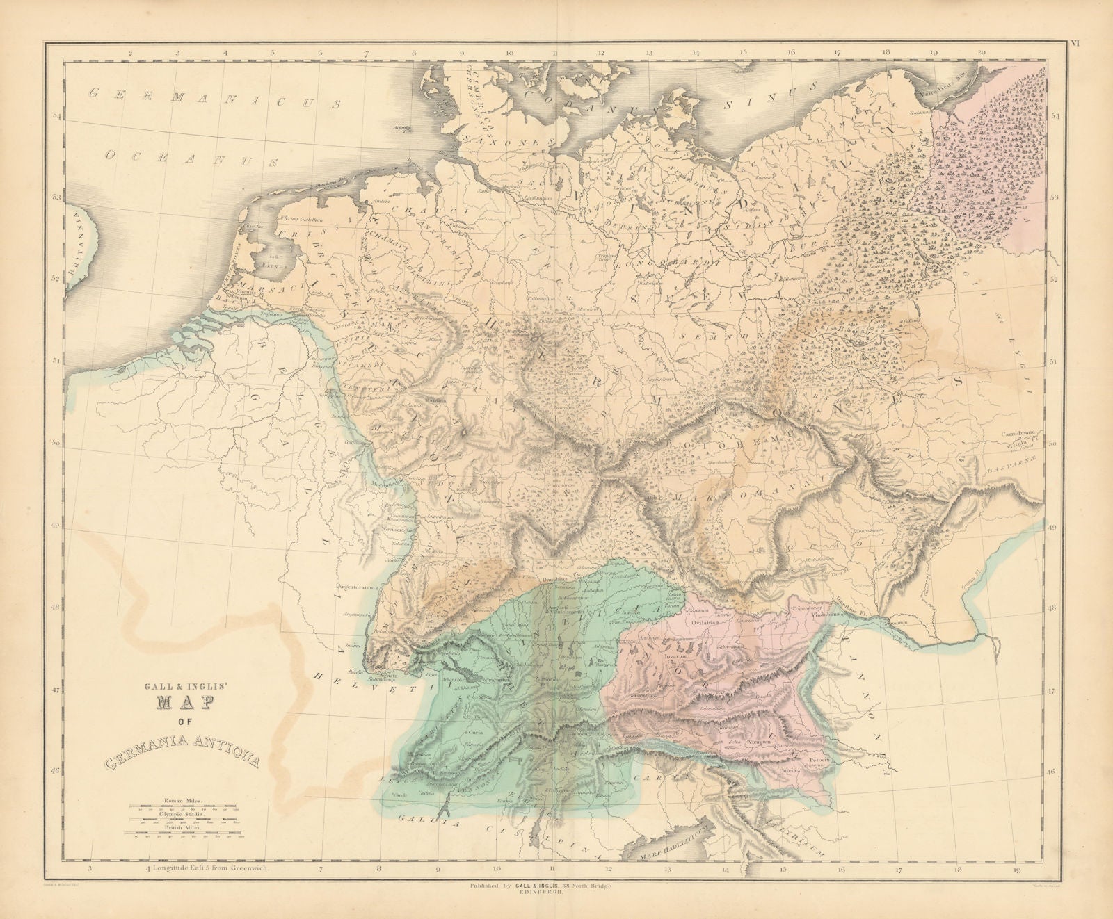 Gall & Inglis' Map of Germania Antiqua. Ancient Germany & Central Europe 1850